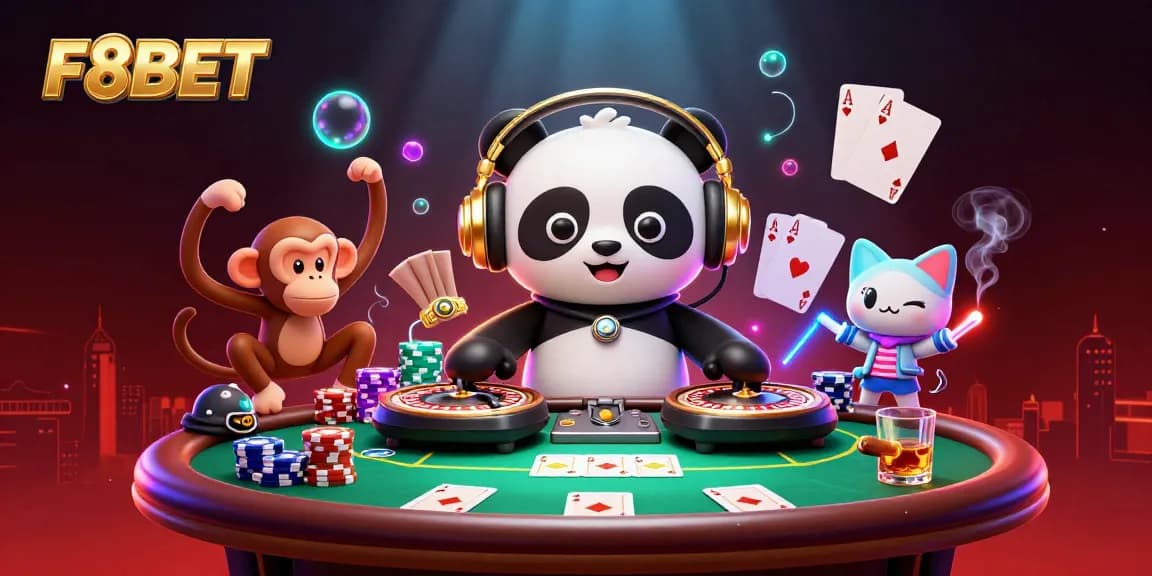 Experience vibrant gaming at F8BET with a DJ panda, a monkey dancer, and a rave kitten.