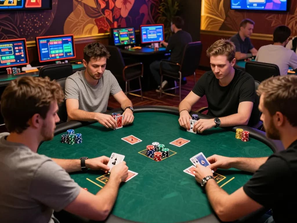 rikvip players engaging in an exciting online poker game, showcasing competitive gameplay and vibrant digital elements.