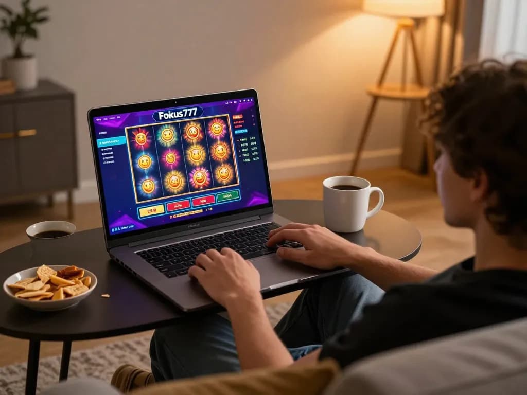 Engaging in vibrant Fokus777 online gaming with a laptop, warm cozy atmosphere, and snacks