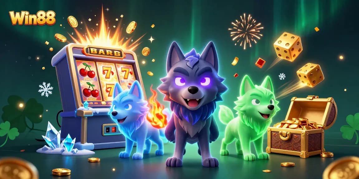Win88 players winning on a vibrant slot machine with ghostly wolf companions in a rich casino scene.