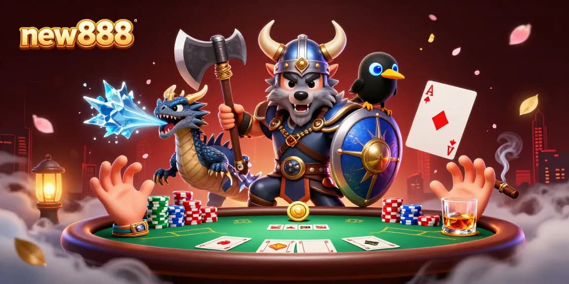 Experience excitement at new888 with a Viking wolf warrior, dragon, and poker elements.