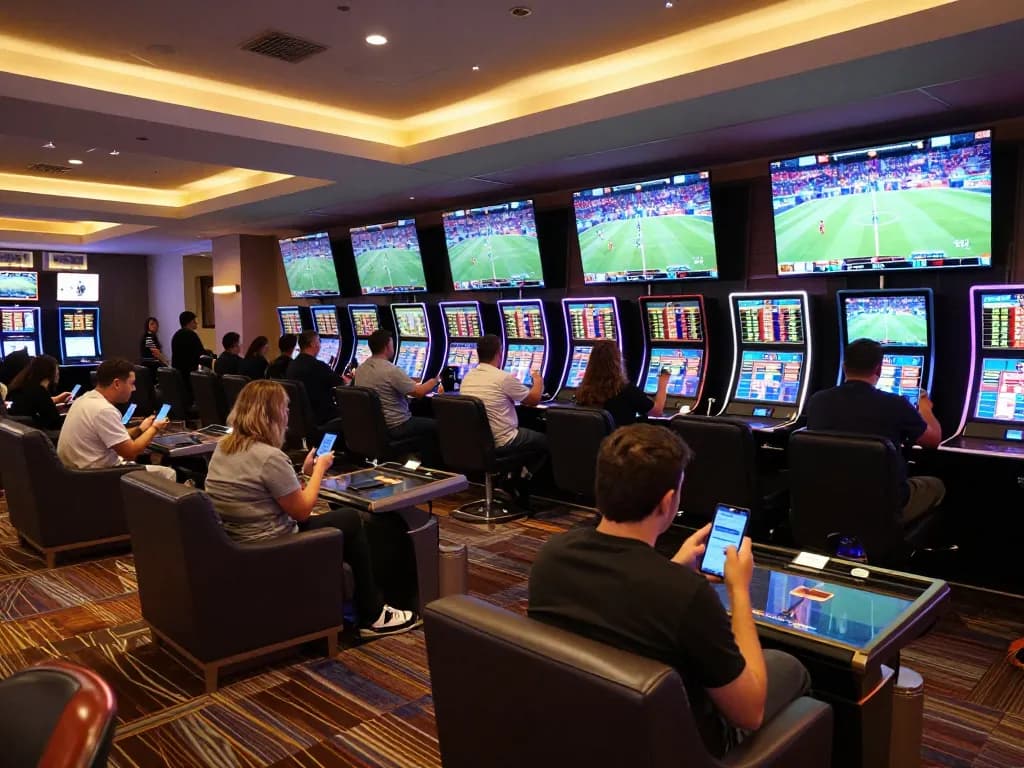 Spectators engaging in soi kèo nhà cái sports betting, showcasing live events and dynamic odds on screens.
