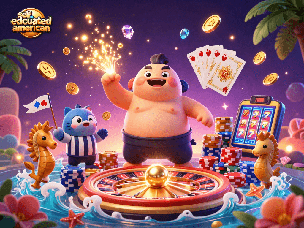 Engage with selfeducatedamerican at this vibrant underwater casino scene featuring a fugu, catfish referee, and seahorse fans.