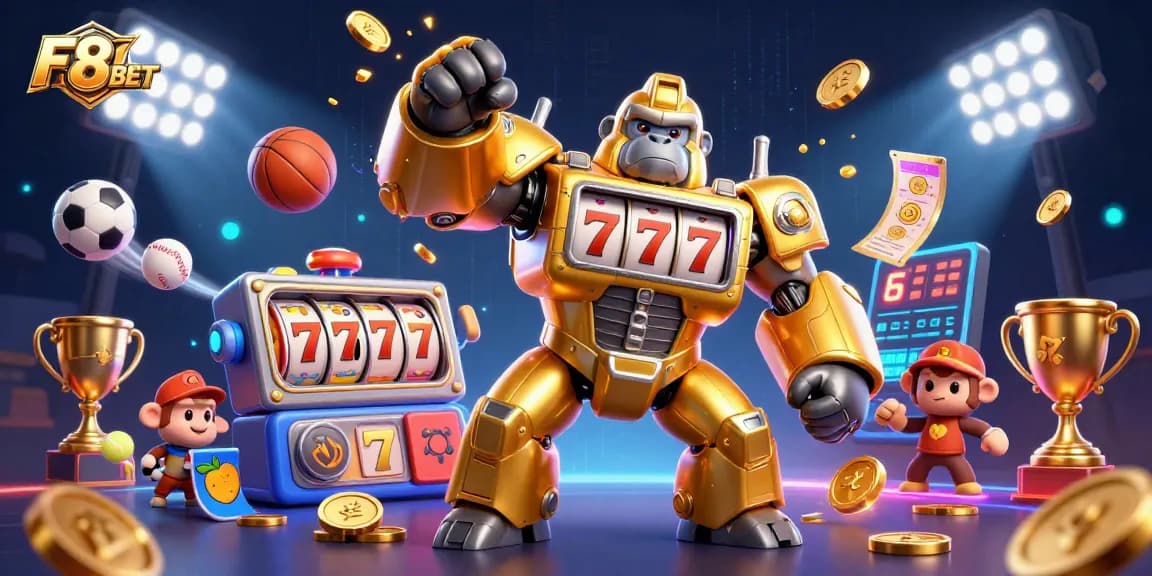 F8BET transforms gaming with an epic scene featuring a golden gorilla mech powering through slot reels.