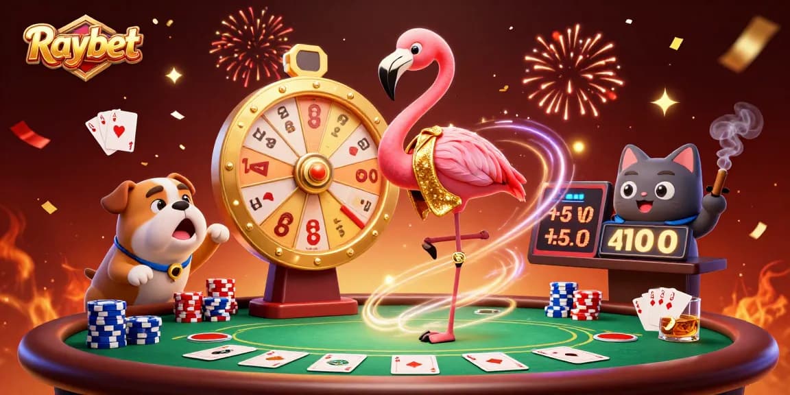 Engage in thrilling gameplay at Raybet with a 3D game show host, excited contestant, and vibrant casino elements.