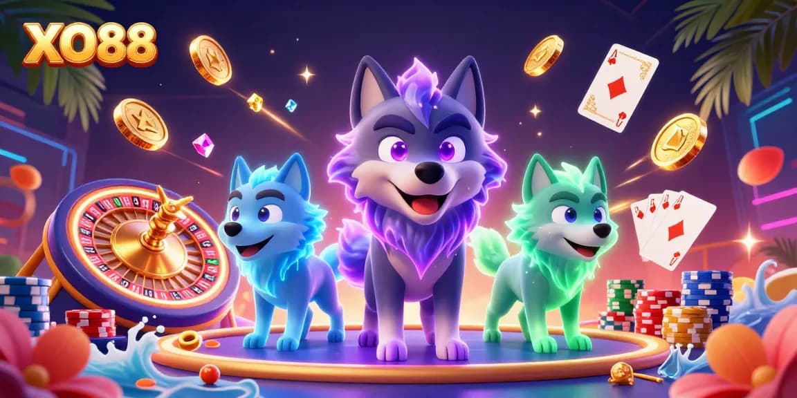 Experience thrilling gambling with XO88, showcasing captivating 3D characters and vibrant casino elements.