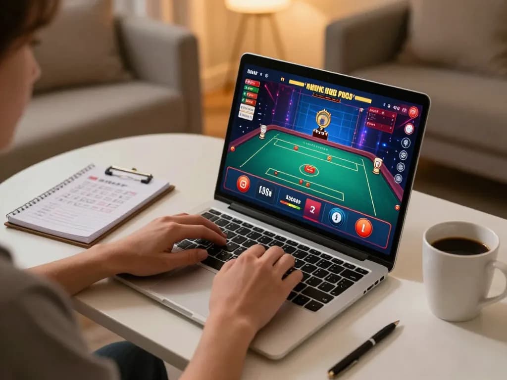 Situs Judi Online yang ditampilkan dengan seorang pemain yang terlibat di laptop untuk strategi permainan langsung.