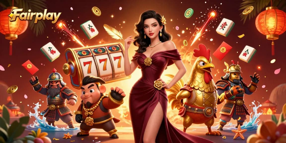 Experience Fairplay with a glamorous casino scene featuring a stylish woman and a golden rooster warrior.
