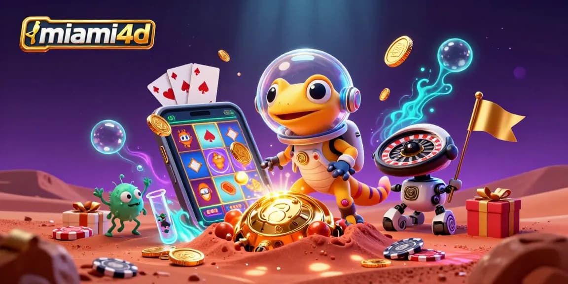 Play thrilling games at miami4d with a vibrant 3D casino scene featuring slots and alien characters.