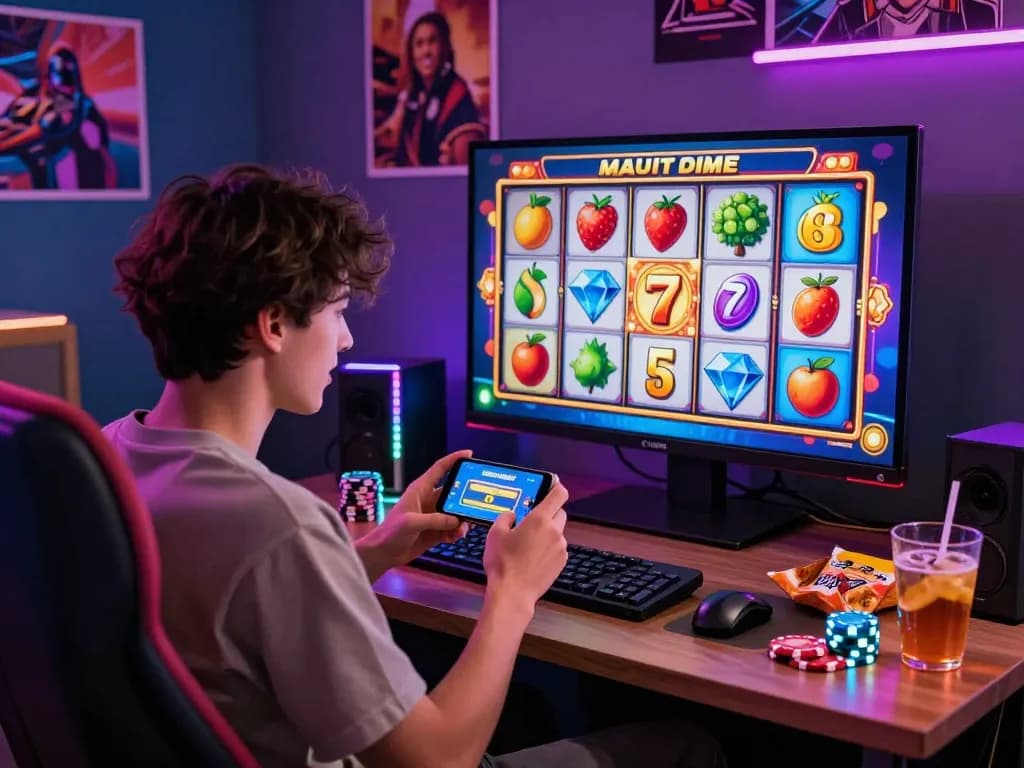 Pemain menikmati bocoran slot online dalam pengaturan permainan yang hidup dengan gulungan slot yang berwarna-warni.