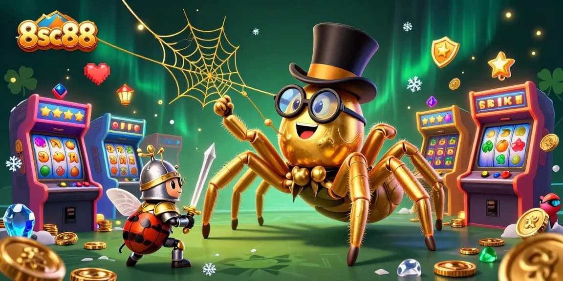 Experience the excitement of 8sc88 with a 3D cartoon scene showcasing a golden tarantula and playful slot elements.