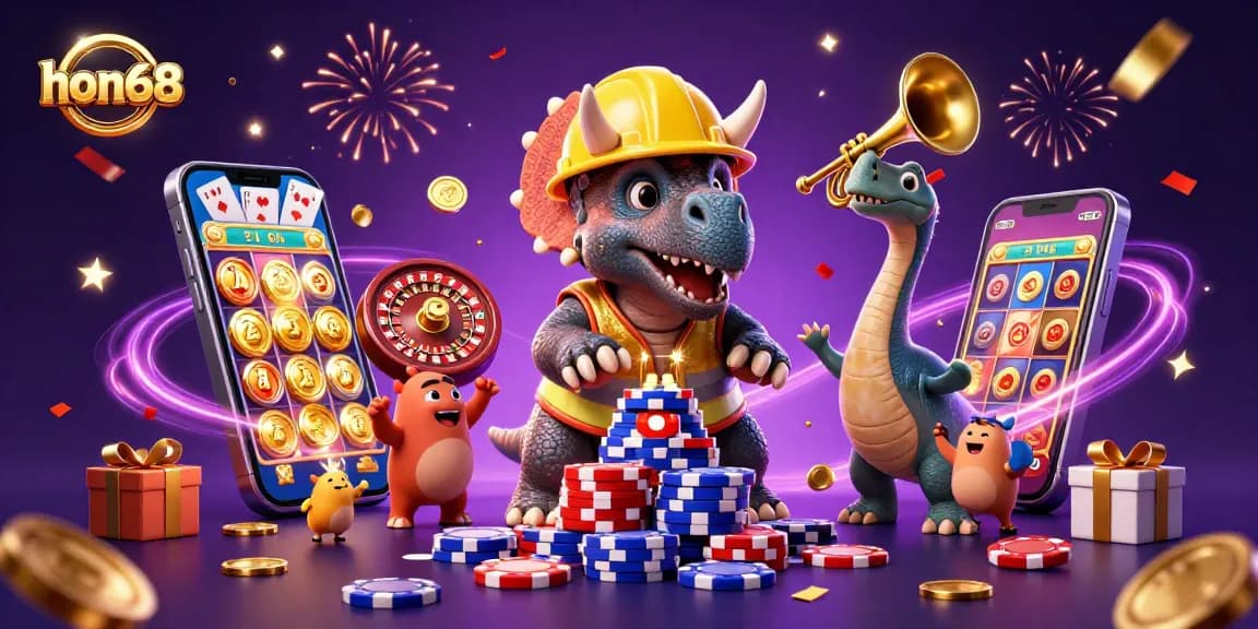 Join the excitement at hon68 with a fun illustration of a triceratops and friends celebrating big wins!