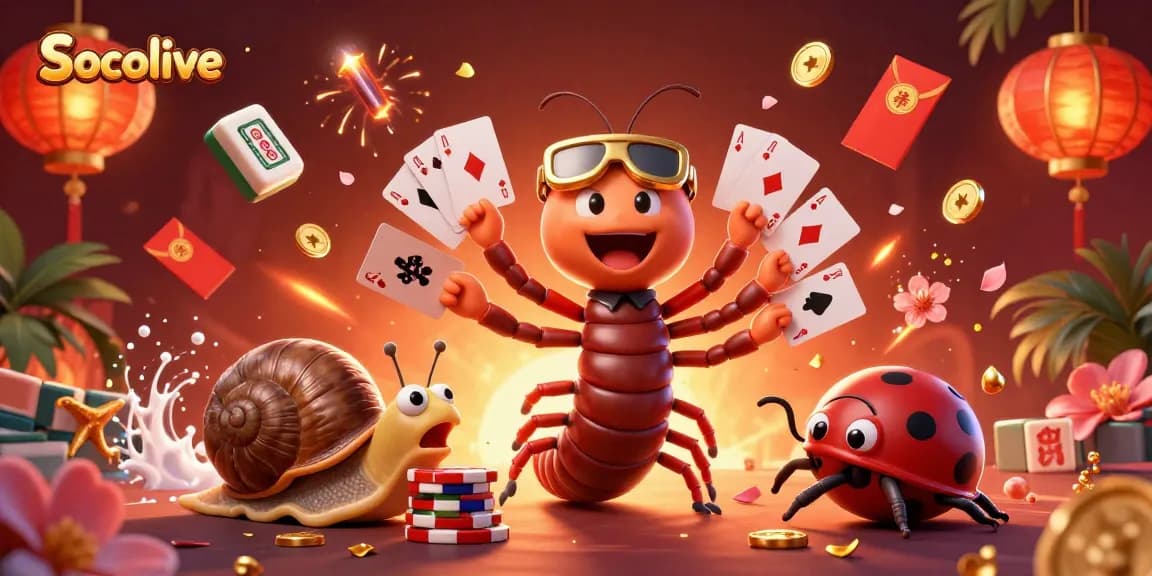 Socolive betting showcase with vibrant millipede dealer, high-roller snail, and excited pill bug amidst dynamic gaming elements.