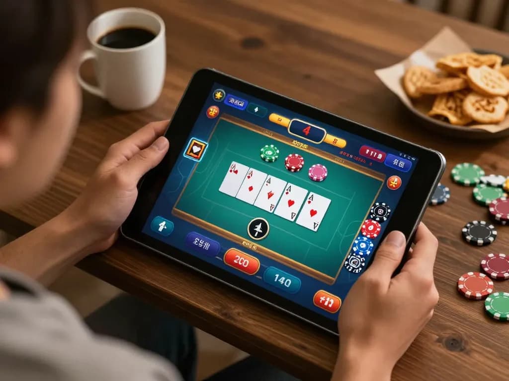 Engaging home online gaming session featuring lc88 poker game interface and cozy setting.