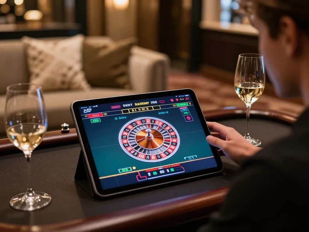 Player enjoying Canadian online casinos on a tablet with live dealer roulette game, creating a sophisticated atmosphere