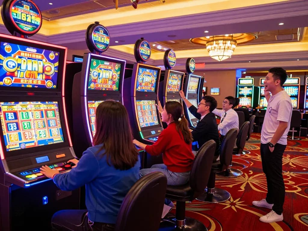 Pemain menikmati dasi4d link alternatif di mesin slot yang ramai, menunjukkan kegembiraan di kasino mewah
