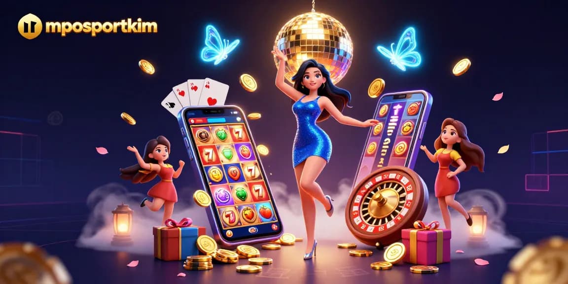 Experience thrilling slot action with mposportkim as a glamorous woman dances surrounded by vibrant game elements.