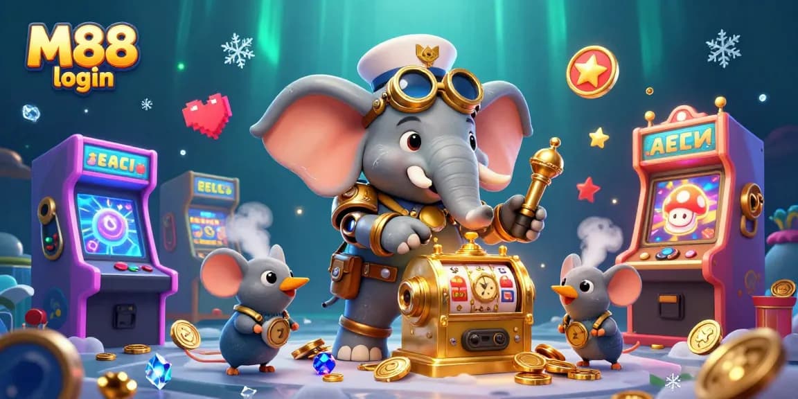 Experience the thrill of M88 login with vibrant casino-themed elements and steampunk characters.