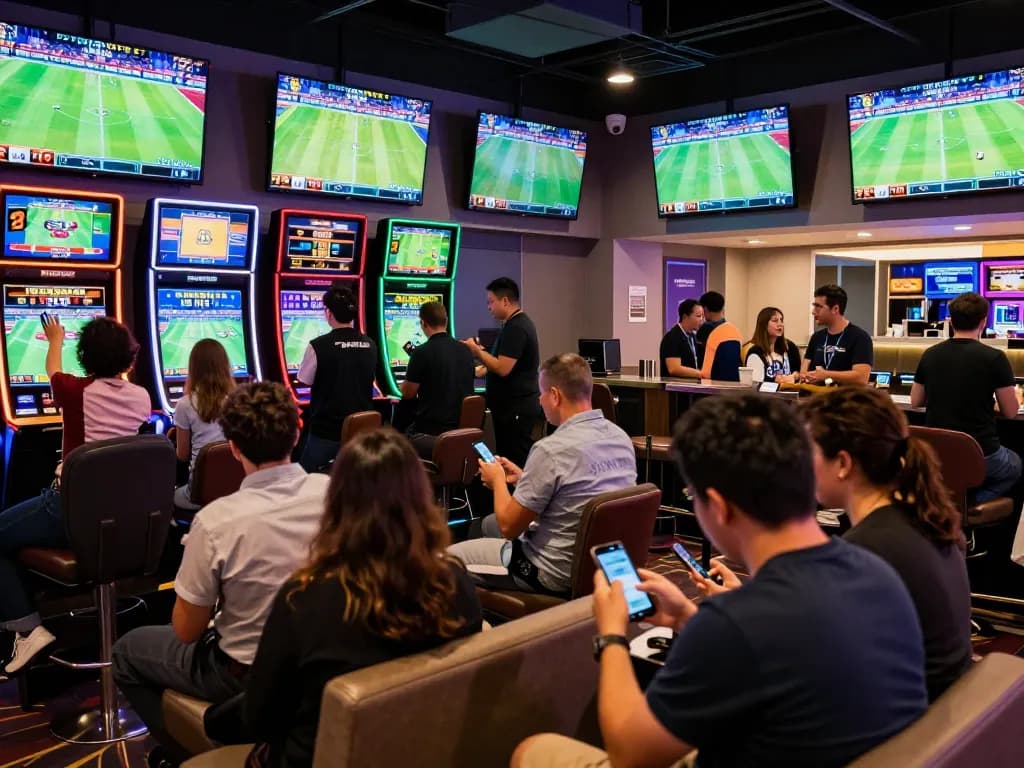 Crowd placing bets and cheering during a sports betting event, capturing the essence of cược thể thao.