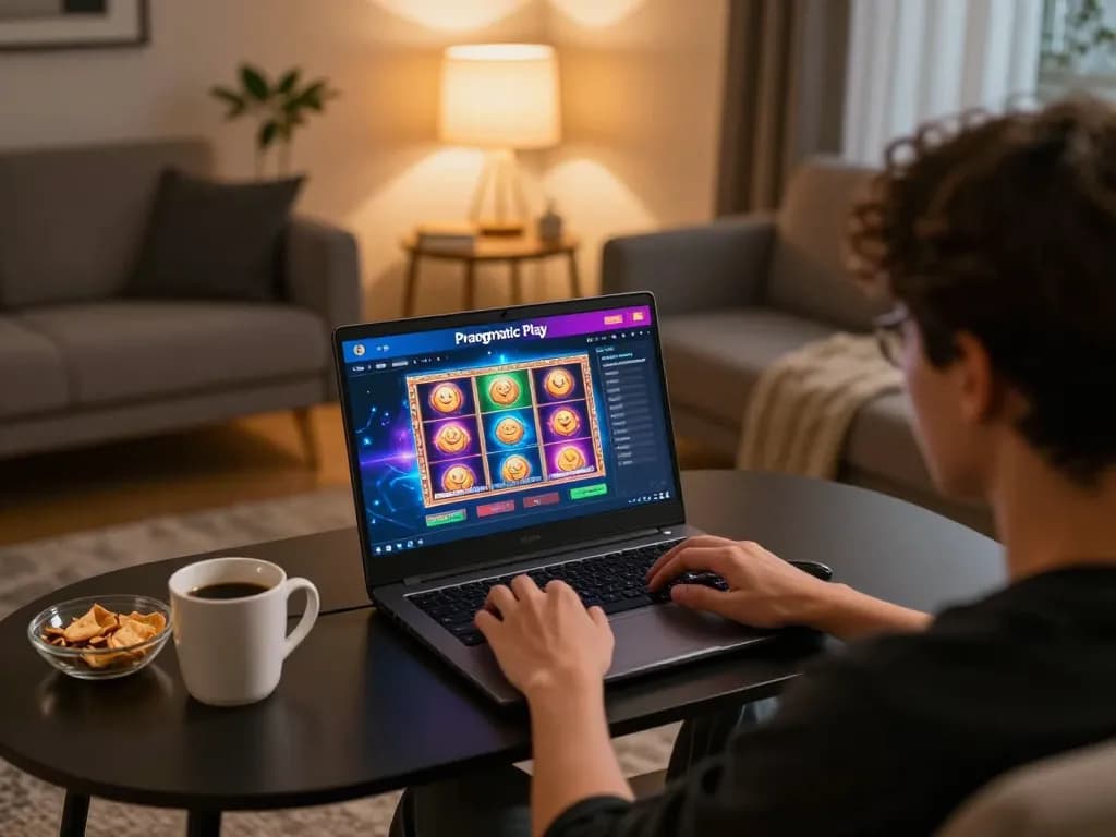 Engaged user with Pragmatic Play Login on laptop during online gaming session in cozy living room