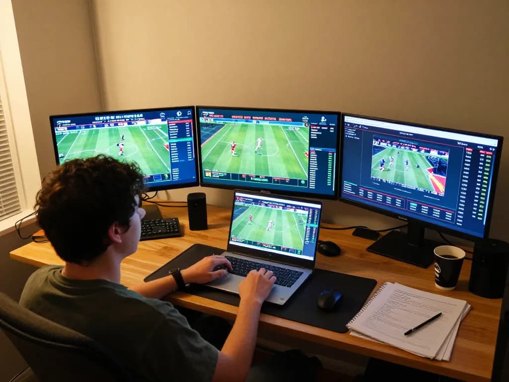 Person placing live sports bets at home using uu88,com on laptop, displaying sports events and odds