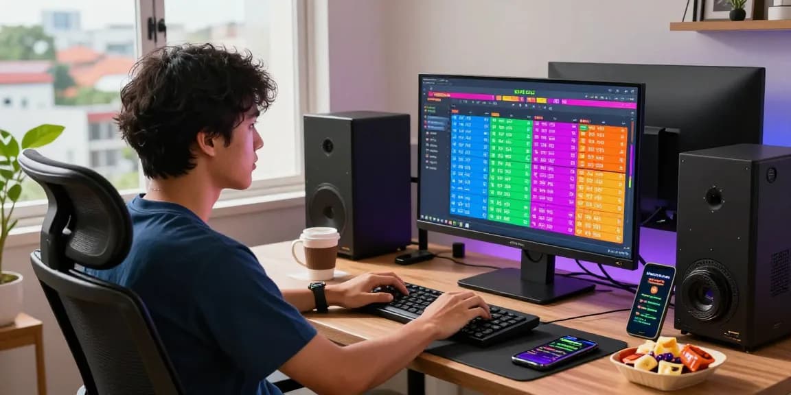 Pengguna juragan togel bermain di komputer dengan grafik hasil live dan suasana yang ceria.