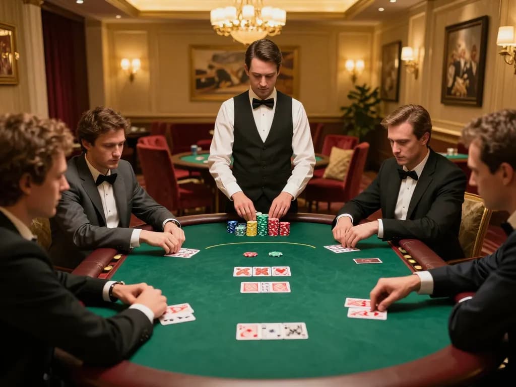Players engaging in a strategic poker game at W188's exclusive VIP room with elegant decor