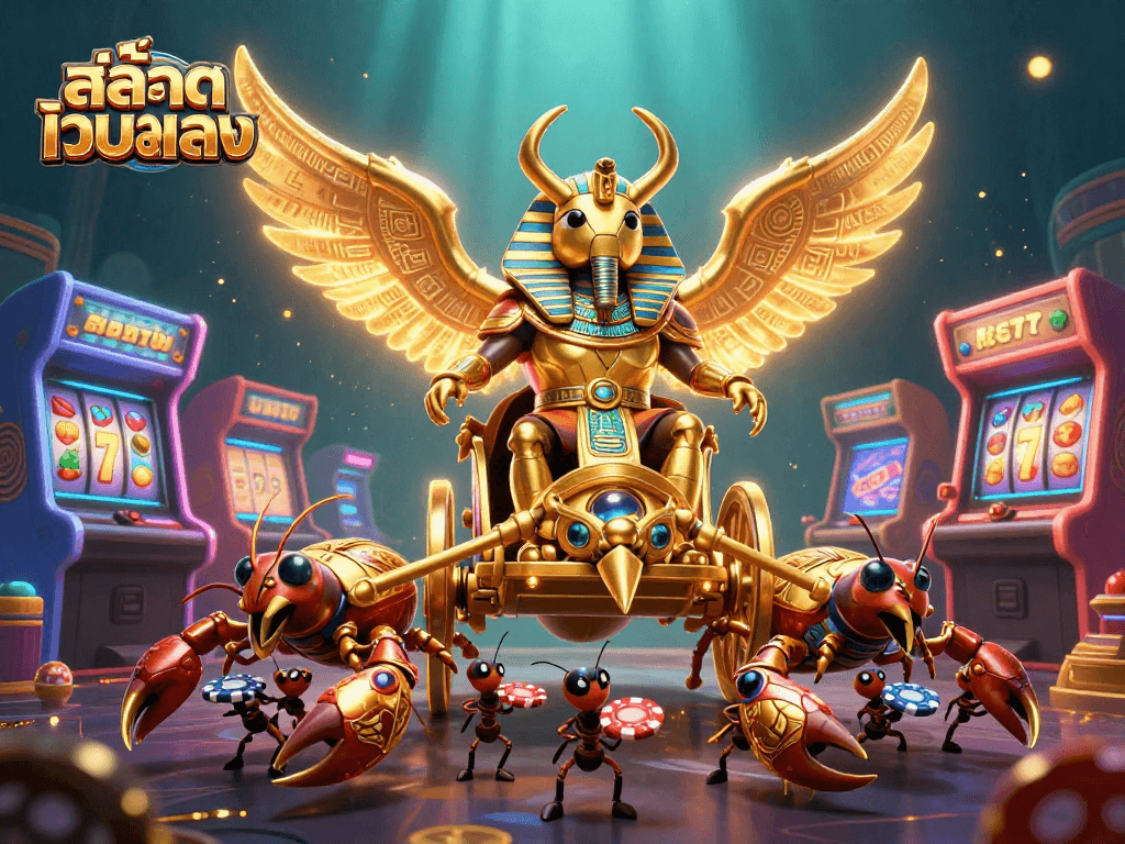 Experience the thrill of สล็อตเว็บตรง with a dynamic chariot scene featuring a golden beetle and scorpions.