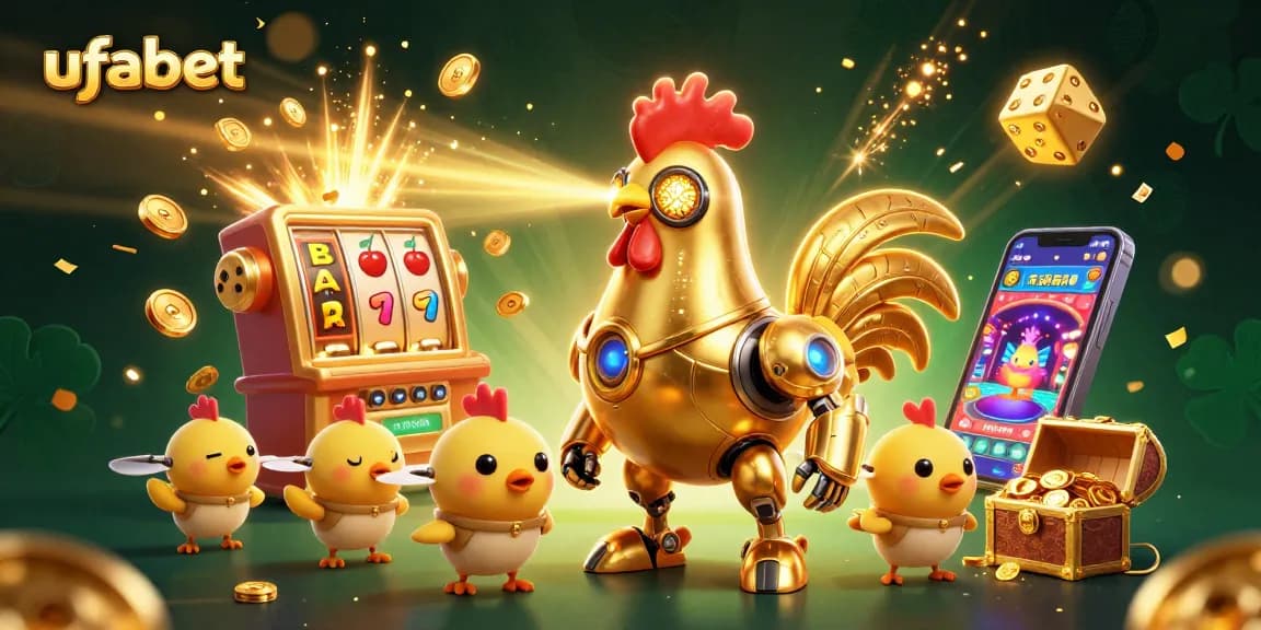 Experience ufabet's vibrant action with golden rooster robot and baby chick drones amidst bursting slot machine rewards.