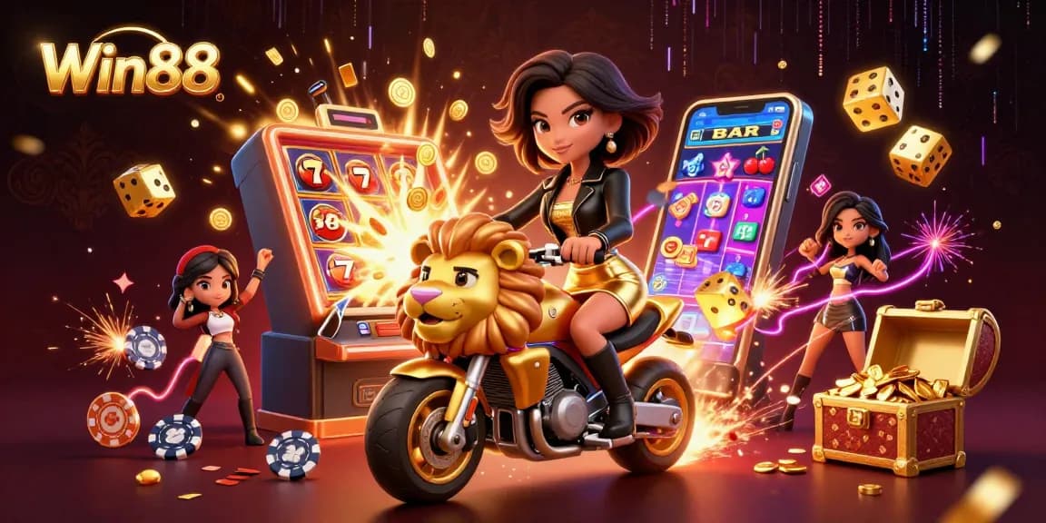 Win88 captures thrilling casino excitement with a glamorous woman on a golden lion mascot amid slot machines and vibrant symbols.