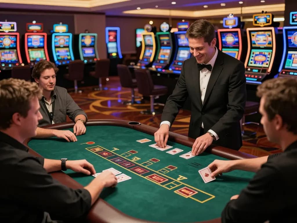 Players strategically engaging in mm 88 blackjack at a lively casino table with colorful slot machines in background