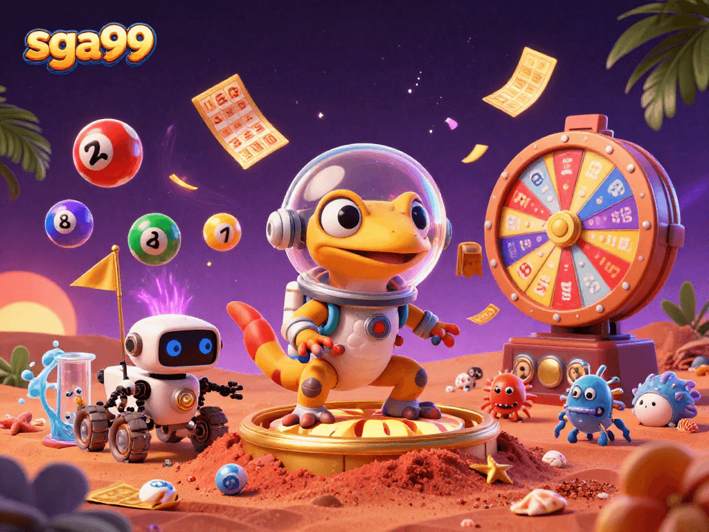 Experience the thrill of sga99 with a Martian gecko discovering a vibrant casino on Mars.