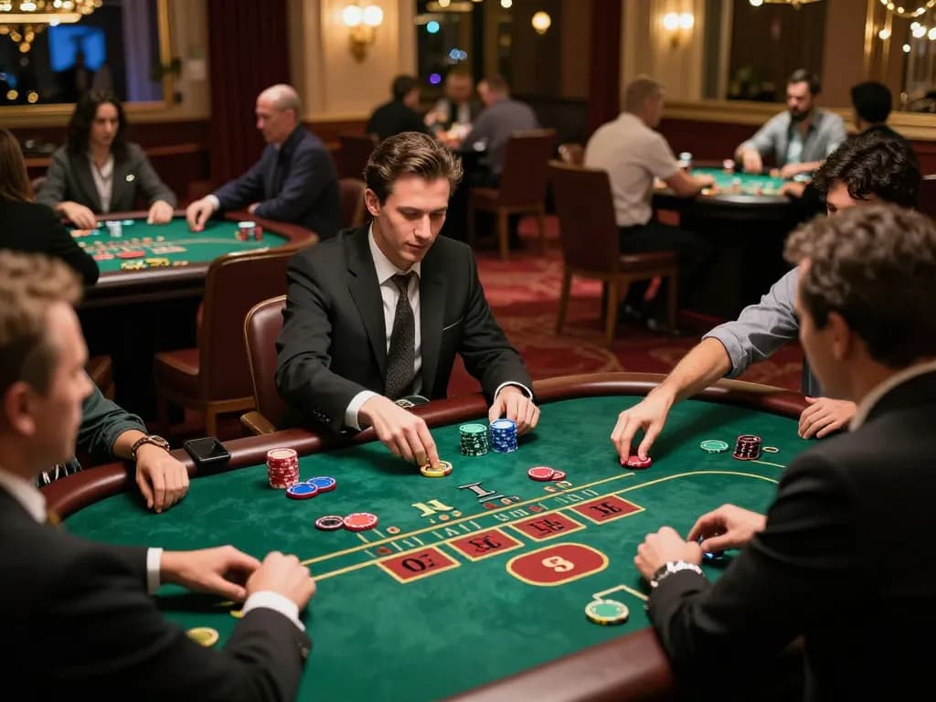 rr88 players strategize at blackjack tables in luxurious casino setting