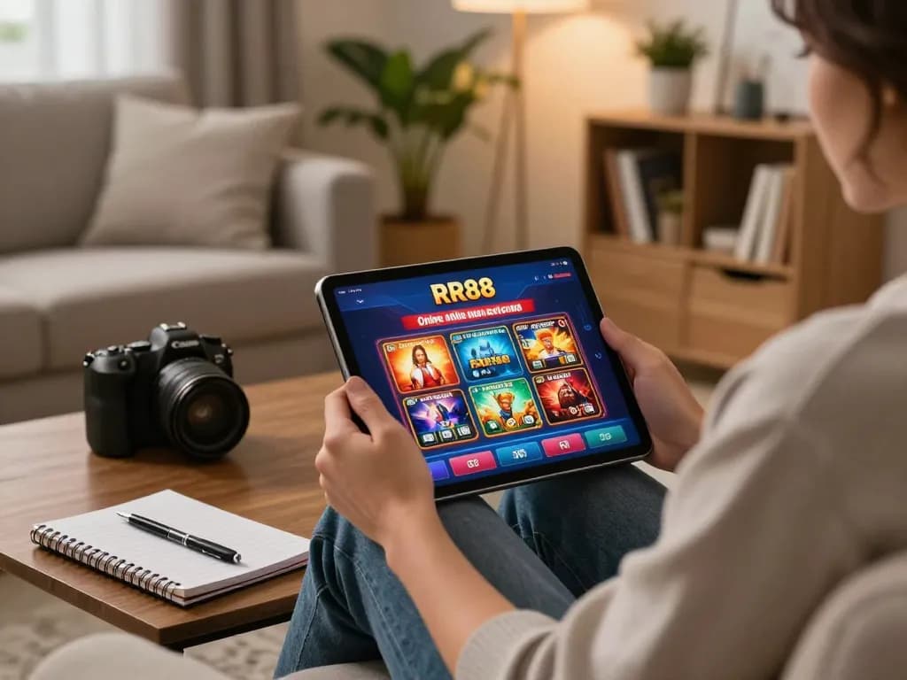 Person enjoying RR88 mobile gaming on a cozy sofa, tablet showing casino app interface