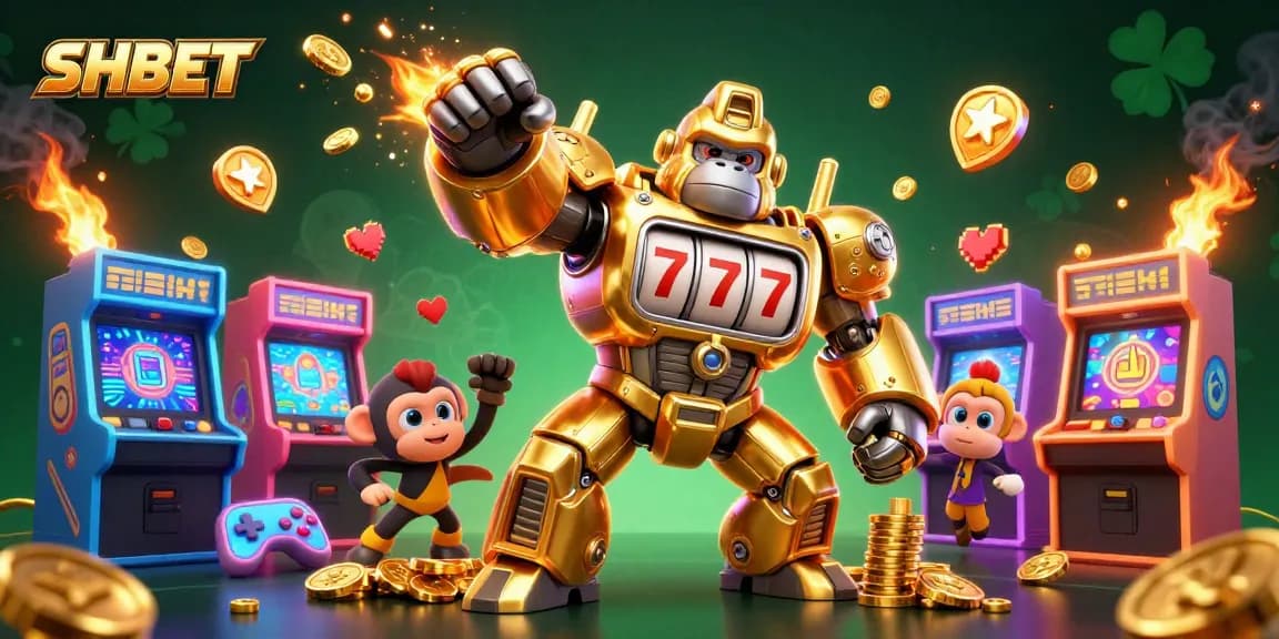 SHBET gorilla mech celebrates big wins in an immersive online casino experience.