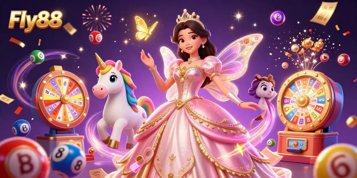 Fly88 brings excitement with vibrant lottery balls and a glamorous princess in a festive casino scene.
