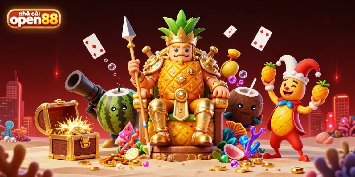 Experience exhilarating gaming action with nhà cái open88 in a vibrant 3D casino scene featuring colorful characters and treasures.