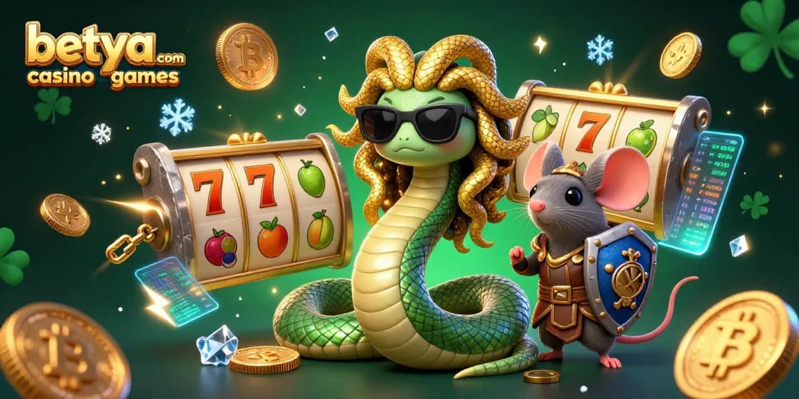 Spin to win at betya.com casino games with Medusa and a warrior mouse amid vibrant slots and cryptocurrencies.