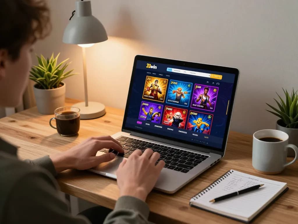 Engaged user at a home office using 33win online casino for strategic gaming.