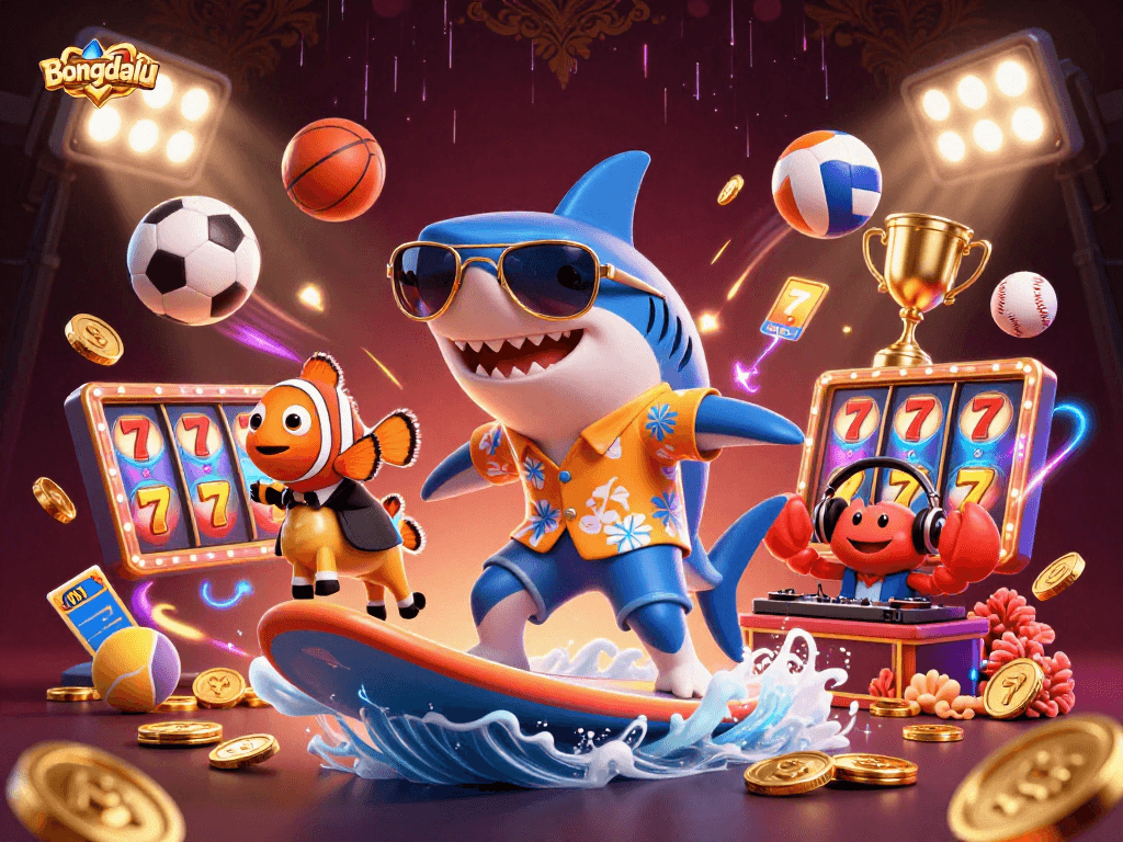 Bongdalu showcases a lively scene with a shark surfing gold coins, emphasizing gaming excitement.