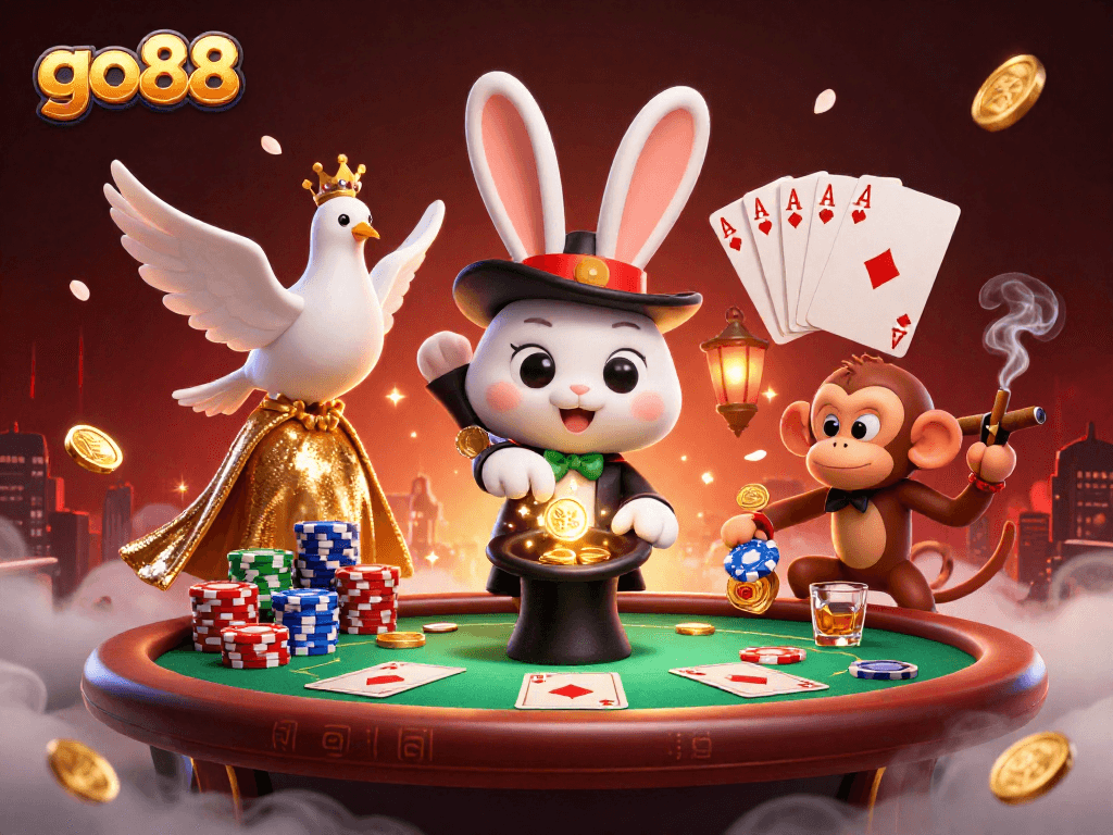 Experience the magic of go88 with a vibrant 3D casino scene featuring lucky characters!