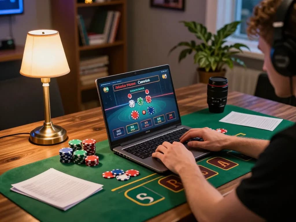 Player engaged in online gameplay at nhà cái xx88, showcasing casual gambling setup with notes and poker chips.