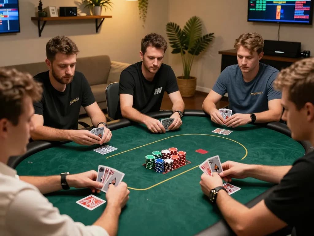 Players engaging in an intense poker game at NK88, showcasing vibrant chips and strategic plays.