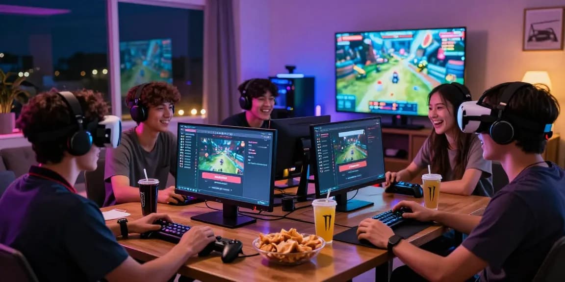 Group of friends enjoying gaming session during Raja Game login in a lively lounge setting with vibrant colors.
