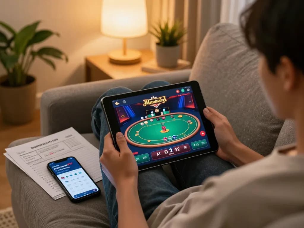 Enjoying online casino gaming with link alternatif ggdewa777 displayed on tablet in comfortable home setting.