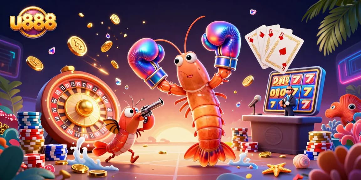 u888 gaming experience with a mantis shrimp, pistol shrimp, and coral grouper amidst casino elements