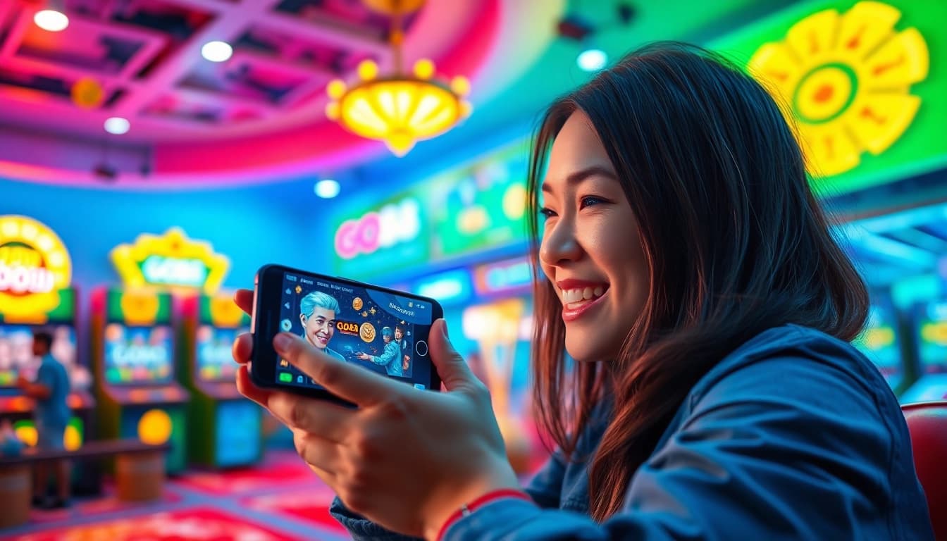 Tải GO88 on a smartphone, showcasing a lively online gaming environment with vibrant game icons and excitement.