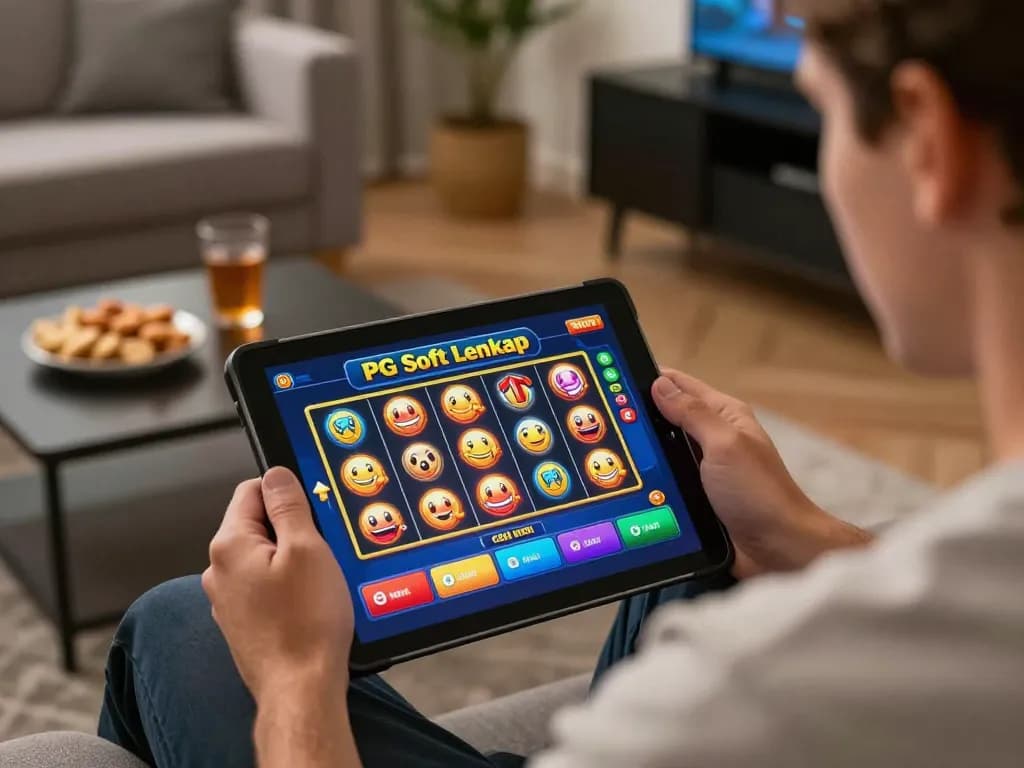 Berinteraksi dengan permainan slot demo PG Soft Lengkap di tablet dalam suasana rumah yang nyaman