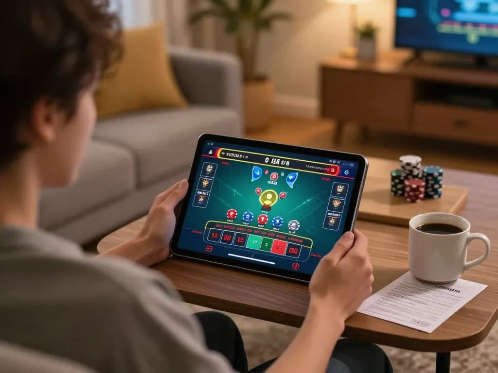Player enjoys live dealer blackjack at home with cm88 tablet and betting notes, promoting responsible gaming.