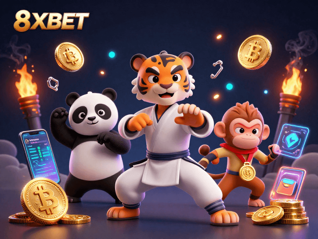 Experience thrilling gaming with 8XBET's vibrant 3D casino scene featuring action-packed characters and crypto elements.